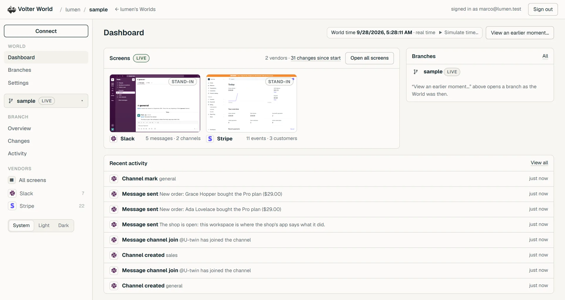A World's dashboard: Stripe and Slack on their own screens, and what a shop app did there: the orders it took and the messages it posted